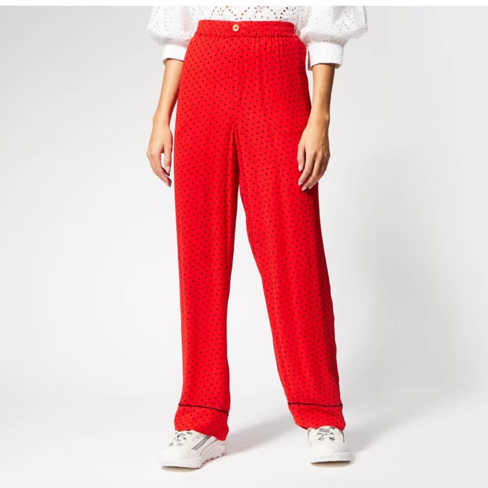 Ganni Mullin Georgette Trousers in Fiery Red‎ Polka Dot Size Large